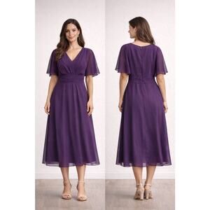 Purple Chiffon Type Midi Dress Flutter Sleeve Pleated Waist Formal Party NWOT